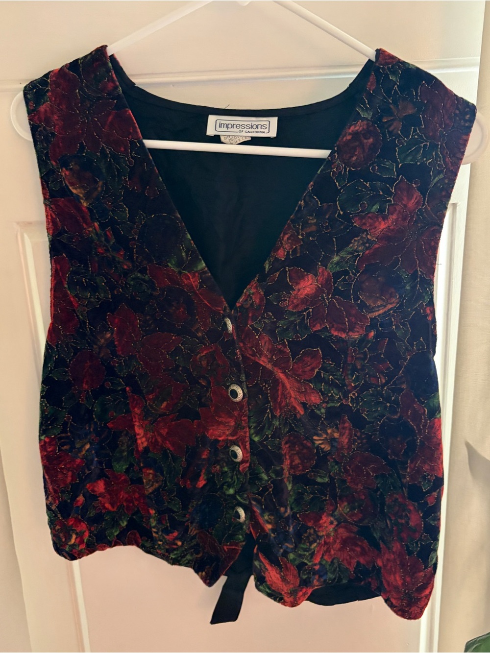 Impressions Vintage Textured black red poinsettia Flowered Velvet Vest Size M